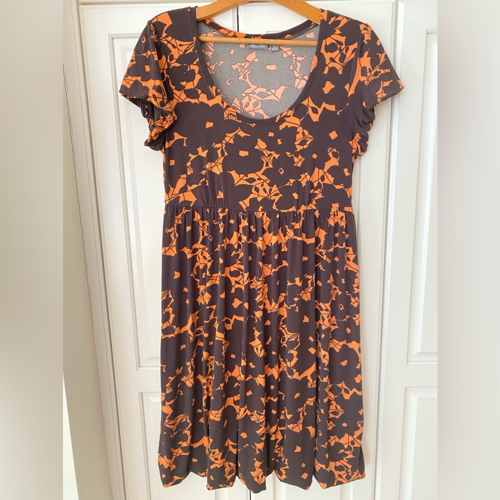 APT 9 Brown orange floral Dress pull on Round Neck Short Sleeve S